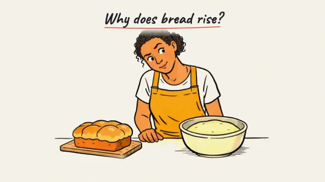 A hand draws a baker with a bowl of dough under the title Why does bread rise?