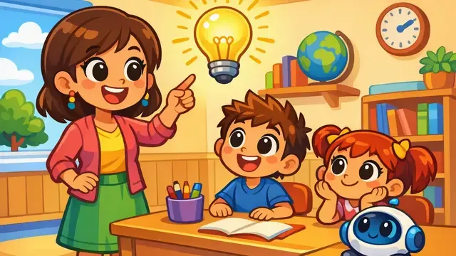 Un aula de dibujos animados llena de color: un docente señala una bombilla brillante mientras dos niños y un pequeño robot observan.