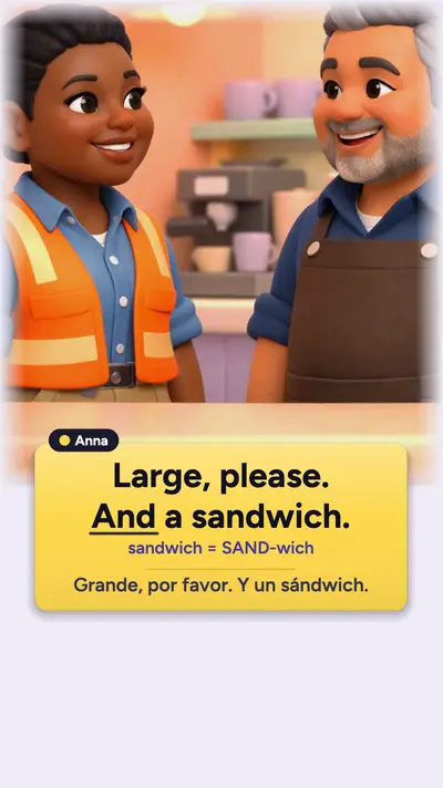 A Soft 3D language lesson at a cafe: the line Large, please. And a sandwich., a pronunciation hint and the Spanish translation.