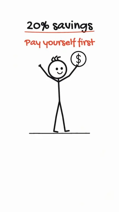 A stick figure holds up a coin under the title 20% savings, with word-by-word captions.