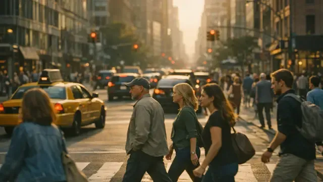 Una imagen realista de una calle concurrida de la ciudad en la hora dorada: la gente cruza por un paso de peatones, un taxi amarillo y varios coches esperan, y al fondo se ven edificios altos.