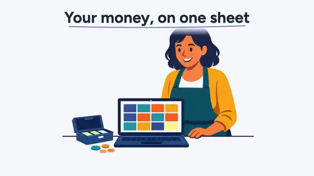 Apertura de un módulo de curso, «Spreadsheets for small-business owners»: una dueña de tienda ante su portátil bajo el título «Your money, on one sheet».