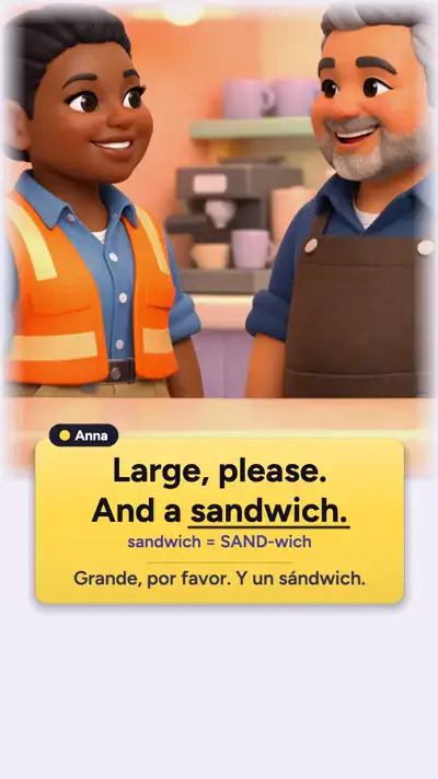 Una lección de idiomas en Soft 3D en una cafetería: la frase «Large, please. And a sandwich.», una ayuda de pronunciación y la traducción al español.